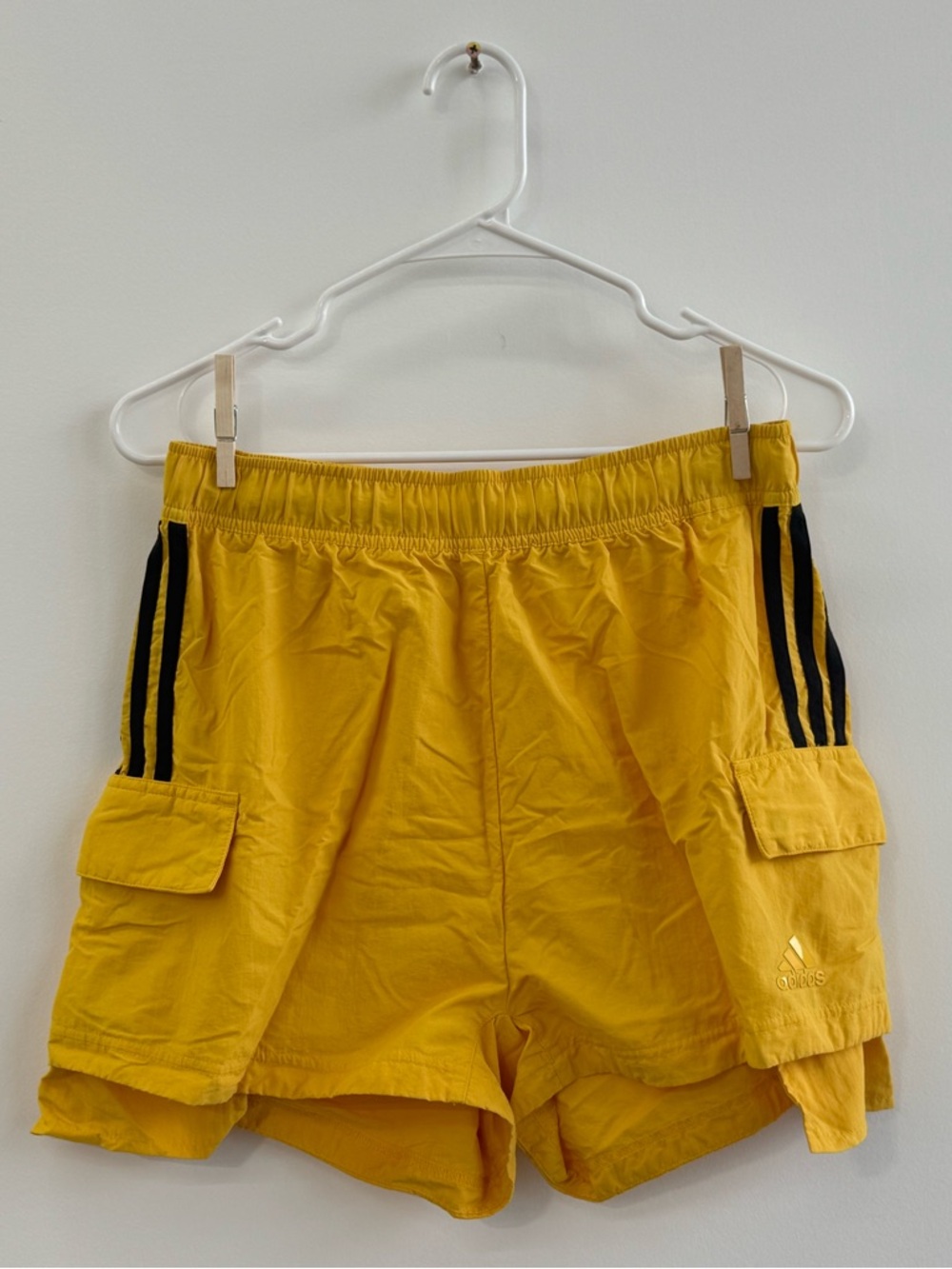 Adidas Yellow Cargo Sport Shorts with Black Stripes